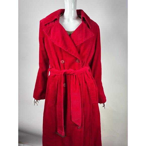 Vintage Newport News Red Corduroy Belted Trench Coat With Leopard Print Lining S - Picture 13 of 16